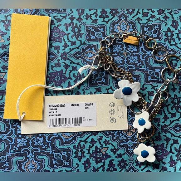 NWT MARNI Mixed Metal Choker Pendant Necklace W/ Enamel Floral Charms Blue/White - Picture 6 of 9